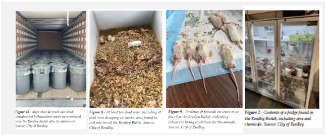 Hazardous waste, dead mice and refrigerators from Reedley Biolab